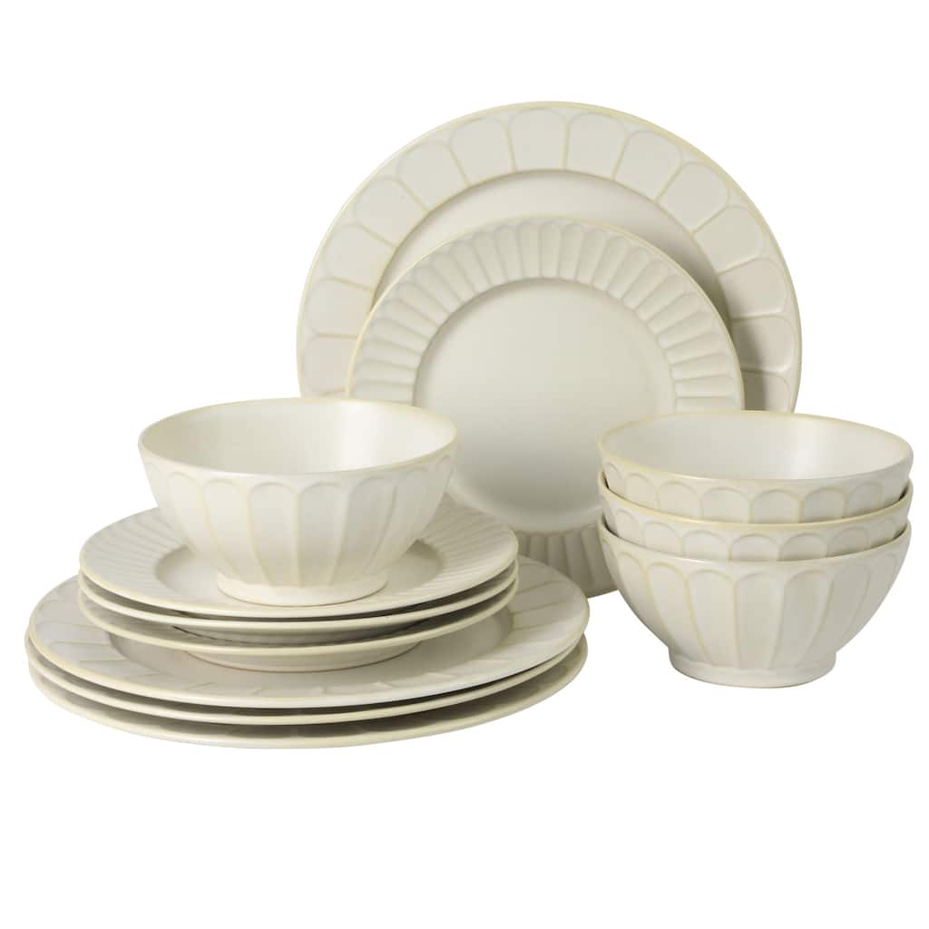 Gibson Elite Winchester Way 12-Piece Embossed Stoneware Dinnerware Set - Reactive, Durable Lightweight- Plates & Bowls Set
