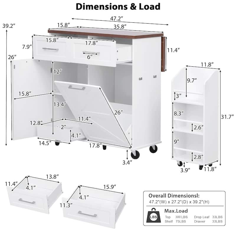 47.2"Farmhouse Kitchen Island with Drop Leaf, Removable Side Racks,Two Drawers,Rolling Kitchen Cart on Wheels with Towel Rack