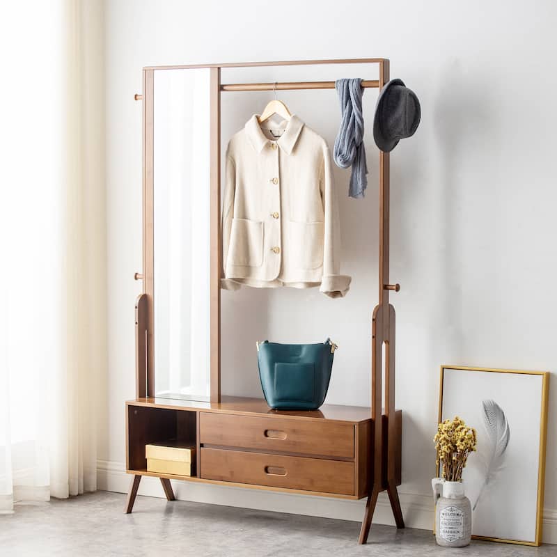 Floor Hanging Clothes Rack, Shoe Bench Clothes Rack All-in-One Multifunctional Clothes Rack - 40.6"L x 13"W x 66.5"H(with mirror)