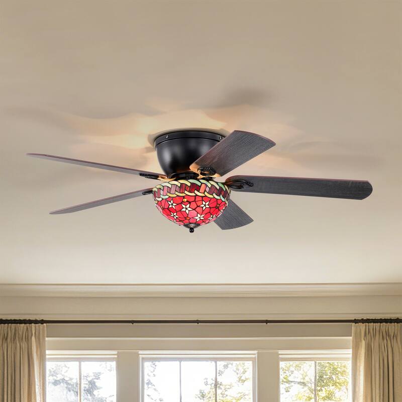 Chergo 52-Inch Flushmount Lighted Ceiling Fan Red Flower Tiffany Glass Lamp Black Finish