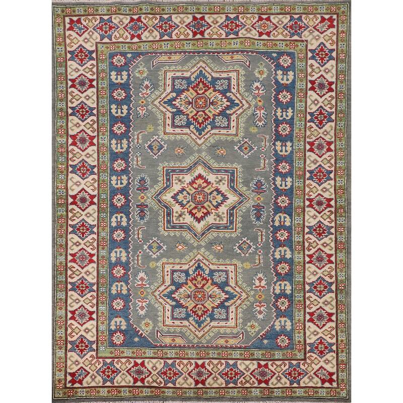 Geometric Kazak Rug Hand-Knotted Grey Wool Carpet - 4'11" x 6'9"