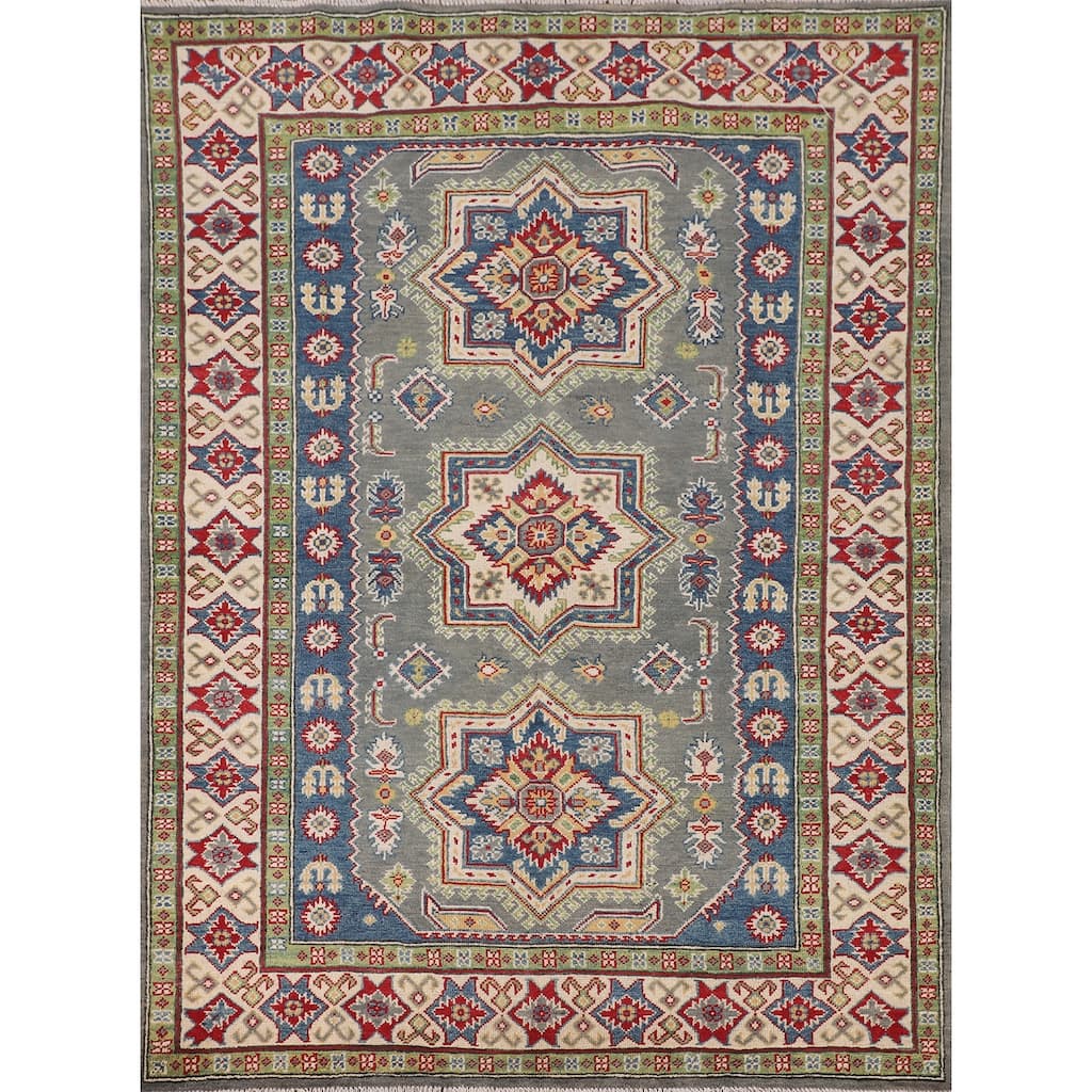 Geometric Kazak Rug Hand-Knotted Grey Wool Carpet - 4'11" x 6'9"