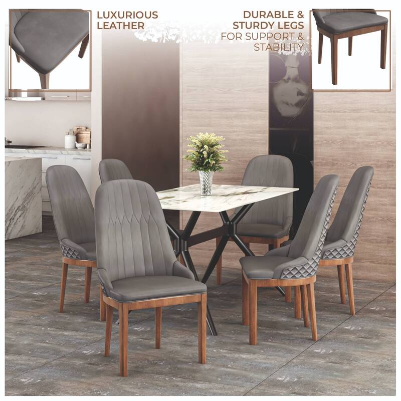 Leather Dining Chair with Rubberwood Legs Set of 4 Side Charis Sleek Diamond Stitching Back