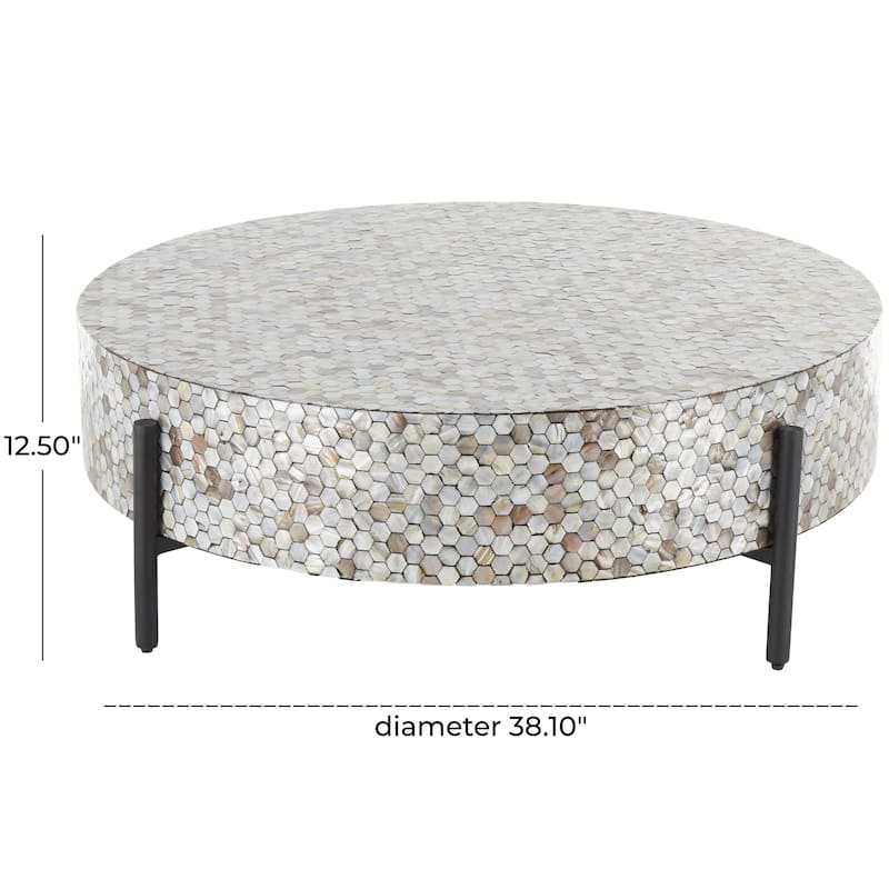 Mother of Pearl Shell Geometric Handmade Round Mosaic Inlay Coffee Table with Black Metal Legs - Roche River Decor