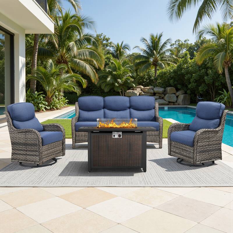 Meyreso 4-Piece Outdoor Patio Metal Fire Pit Wicker Conversation Set with 5-Inch Thick Olefin Cushions