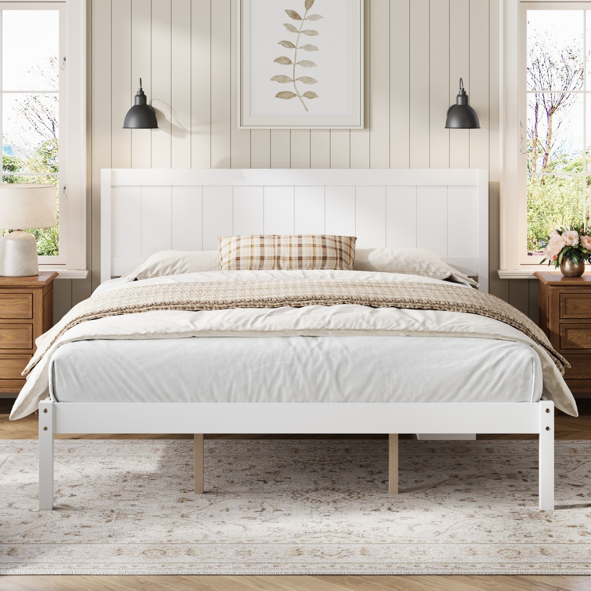 King Platform Bed Frame with Headboard and Wood Slat Support No Box Spring