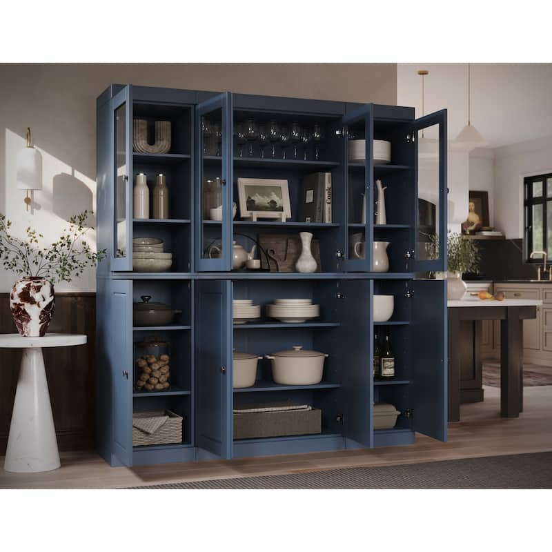 Palace Imports 100% Solid Wood 65" Kitchen China Pantry Cabinet - 65" x 71.5" - Antique Blue - 4 Clear Glass-4 Solid