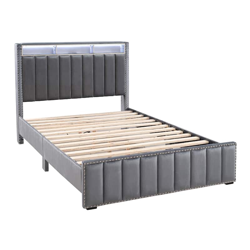 Contemporary Dark Gray Solid Wood Bed Frame with Open Compartments