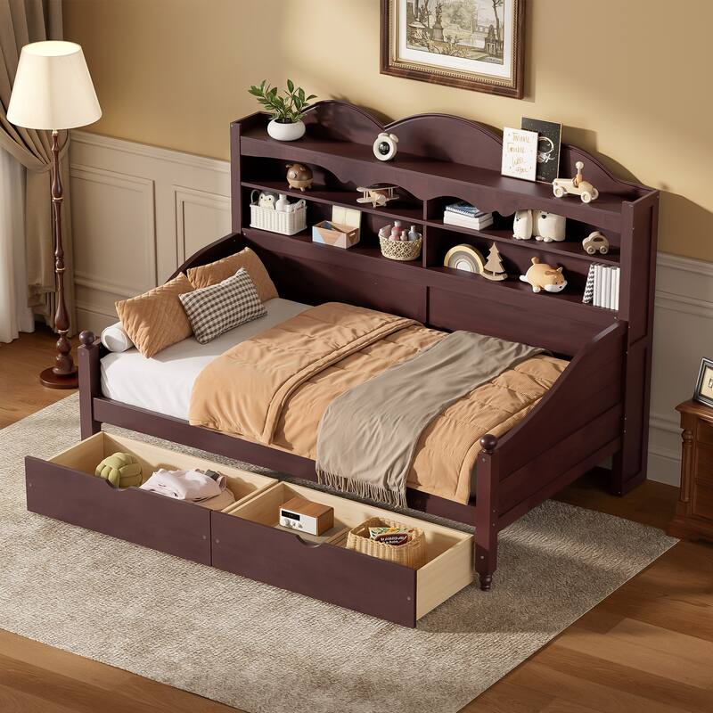 Twin Daybed with Storage Drawers and Headboard Shelving Wooden Frame