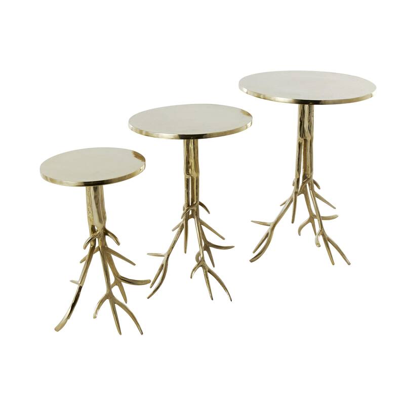Gold or Silver Aluminum Metal Tree Side End Accent Table with Branch Inspired Bases (Set of 3)