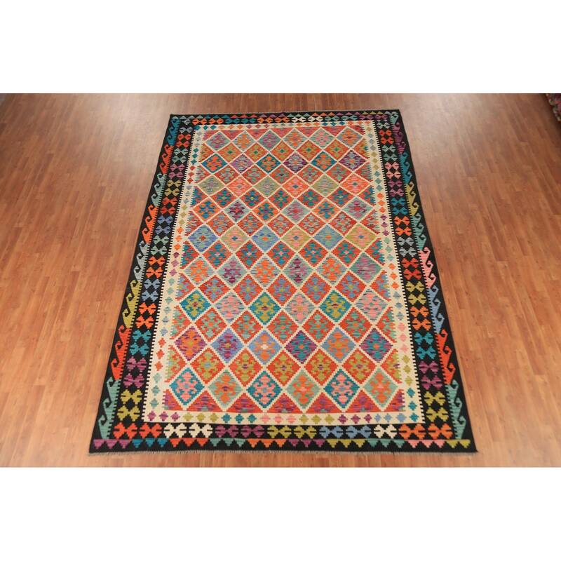 Colorful Trellis Kilim Area Rug Hand-Woven Wool Carpet - 8'3" x 11'8"