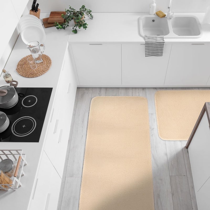 Non-skid Washable Kitchen Runner Rugs (Set of 2) - Set of 44 x 24 and 31.5 x 20 Inches - Solid Beige