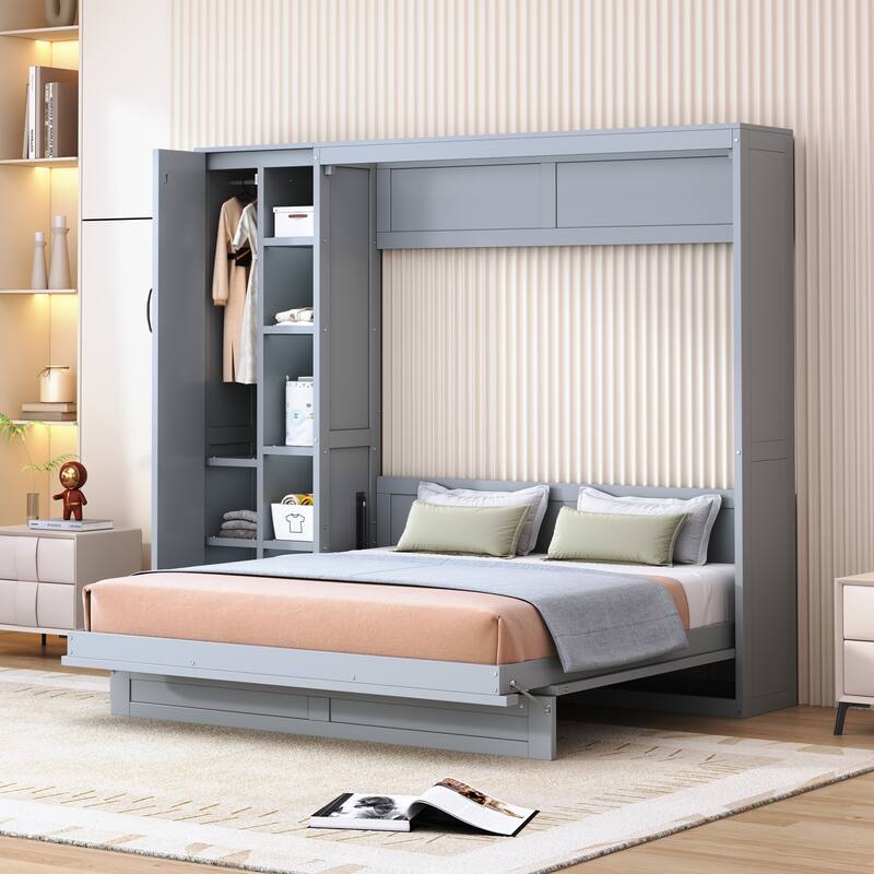Space-Saving Queen Murphy Bed with Shelves, Wardrobe and LED Lights in Gray