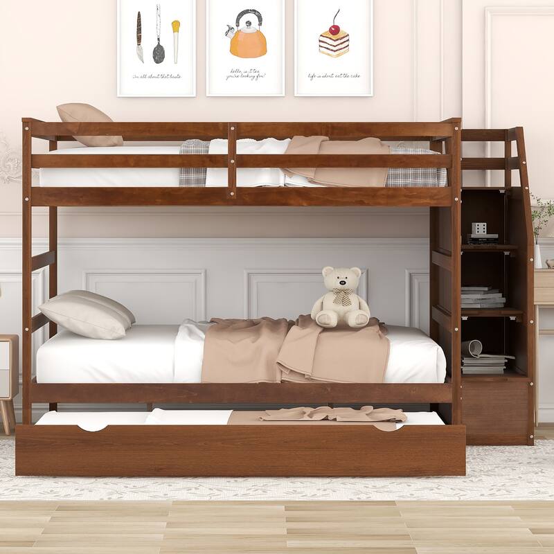 Bunk Bed with Trundle with Safety Guardrail and 3 Storage Stairs, Triple Bunk Multifunctional Space-Saving Solution for Bedroom