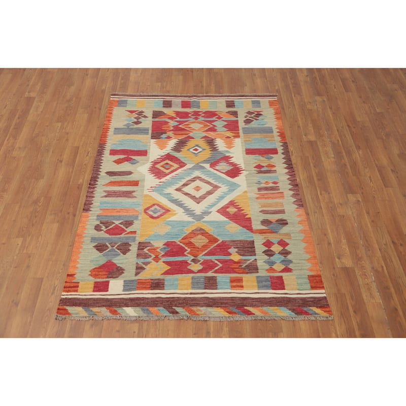 Hand Woven Oriental 100% Wool Carpet Southwestern Tribal Multi-Colored Kilim Area Rug - 5' 10'' X 4' 1''