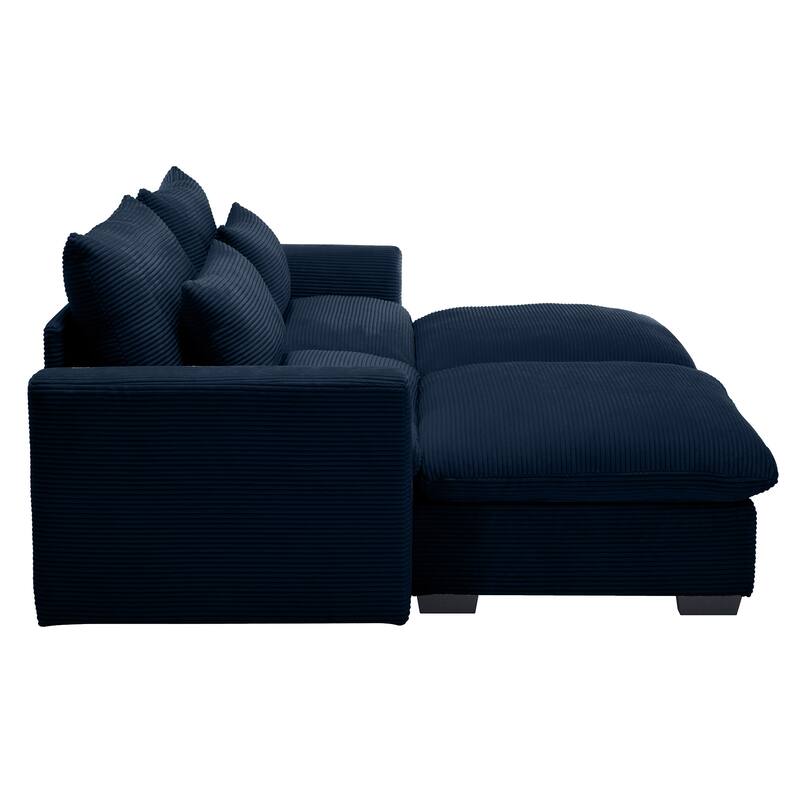 Corduroy Loveseat Sofa Couch with Storage Ottomans, Modern Sectional 2 Seater Sofa with Deep Seat, Pillows for Small Spaces
