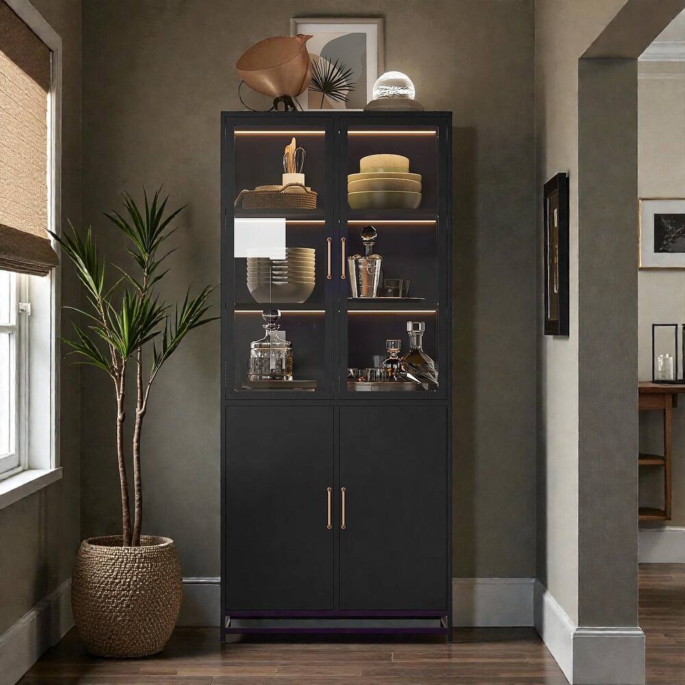 76.75 Inch Glass Display Cabinet with LED Lights, 3 Sided Tempered Glass Steel Curio Cabinet with Double Doors