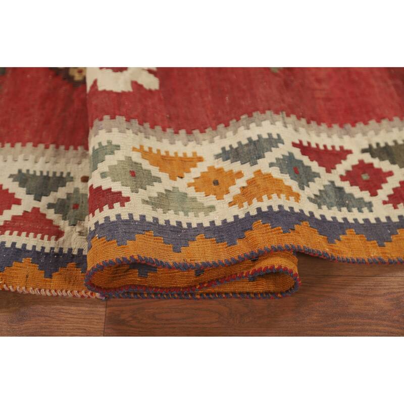 Red Medallion Kilim Qashqai Persian Vintage Rug Flatweave Wool Carpet - 5'1" x 8'3"