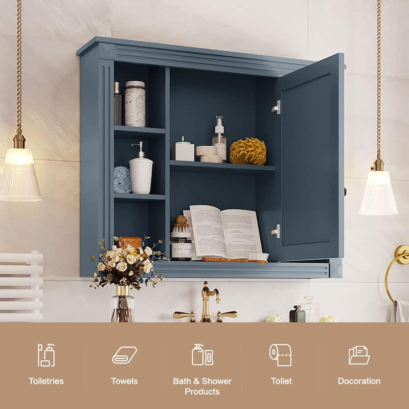 Lines Groove Design Medicine Cabinet Storage Wall Cabinet with High Definition Mirror, 6 Open Shelves and Adjustable Shelf