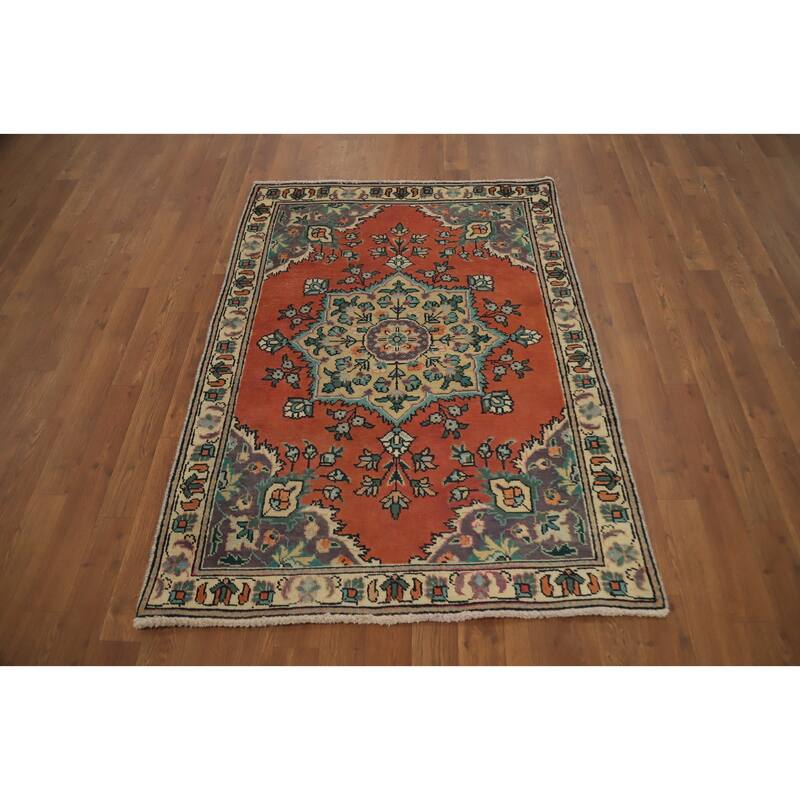 Hand Knotted Oriental 100% Wool Carpet Traditional Floral Oranges & Rust Tabriz Area Rug - 4' 6'' X 3' 3''