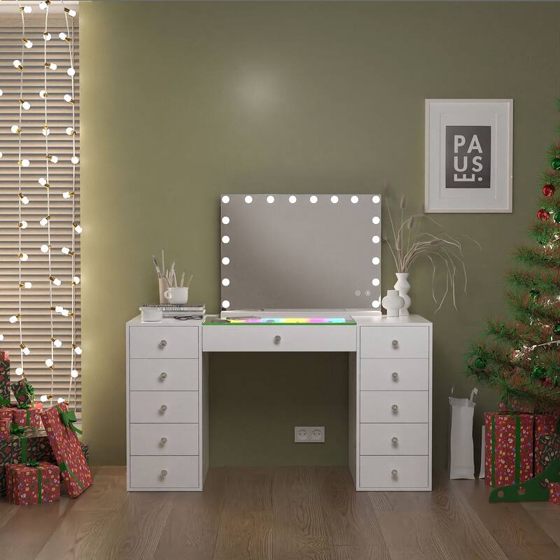 Bedroom Vanity Desk with RGB LED Light Strip, Glass Top Makeup Dressing Table with 11 Drawers