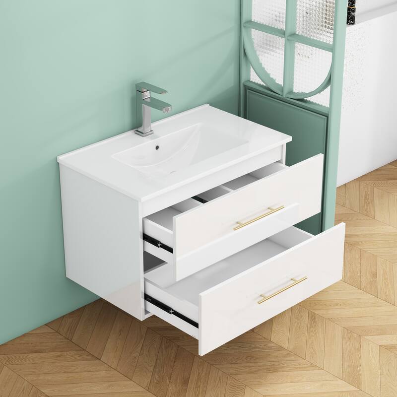 30-Inch Gloss Wall-Mounted Bathroom Vanity with Sink Combo, Double Drawers,Ceramic Sink,Long Metal Handle