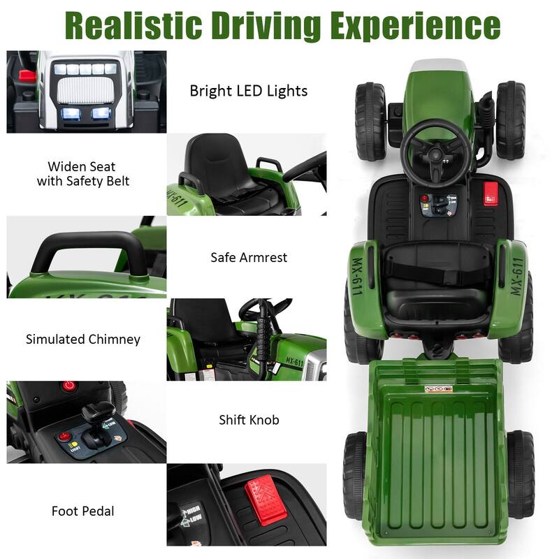 12V Rechargeable Battery Kids Ride-On Tractor with Trailer and Parental Remote Safety Belt - 53" x 20" x 20.5"