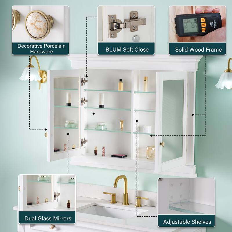 42"W X32''H Bathroom Recessed Wall-Mounted Solid Wood Framed Medicine Cabinet With Adjustable Glass Shelves - 42"W X32''H