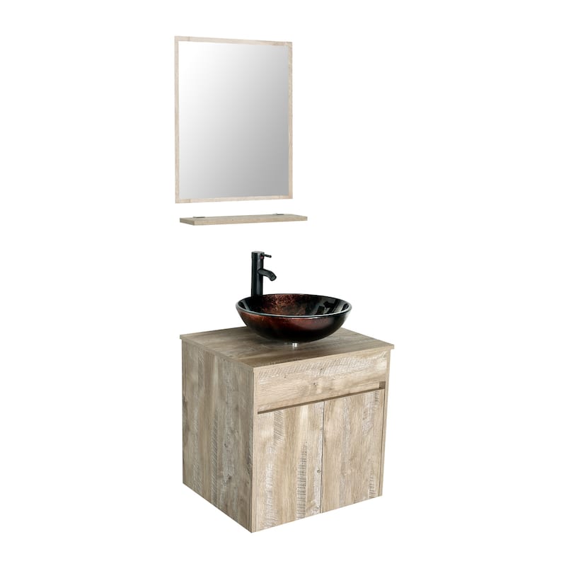 24" Bathroom Vanity Set Tempered Glass/ Ceramics Sink Combo Wall Mounted Natural Cabinet Faucet Drain Mirror