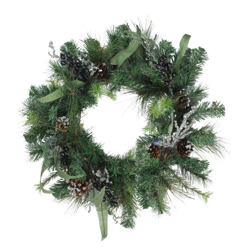 Unlit Pine Blueberries Cones Ice Twigs Artificial Christmas Wreath 24"