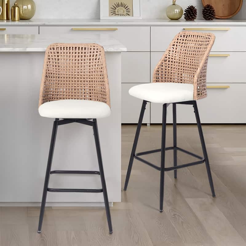 Chenille Counter Height Swivel Bar Stools Rattan Back with Metal Legs