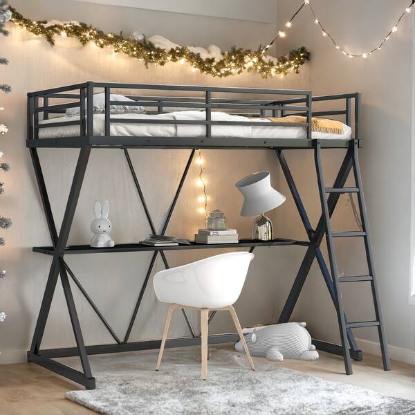 slide 2 of 9, Twin Size Loft Bed with Desk and Ladder, Black