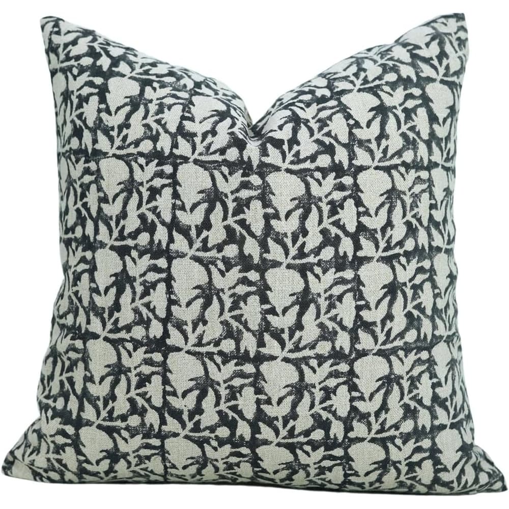 Linen Farmhouse Block print pillow Cover - Midnight