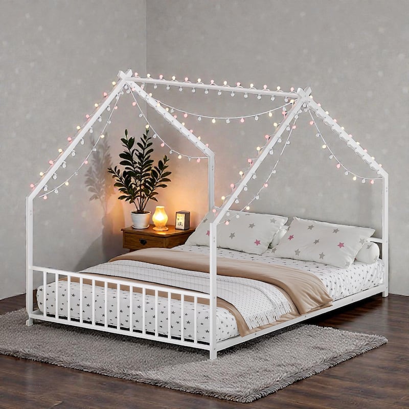Full Size Kids House Bed Frame with LED Light Strips, Roof-Shaped Metal Floor Bed for Boys & Girls, No Box Spring Needed