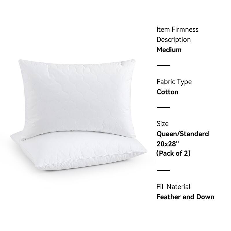 2 Pack Goose Feather Down Pillows with Quilted Cotton Cover - White