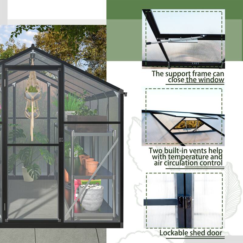 6x8 FT Greenhouse, Polycarbonate Greenhouse with Quick Setup Structure and Roof Vent, Aluminum Large Walk-in Greenhouse