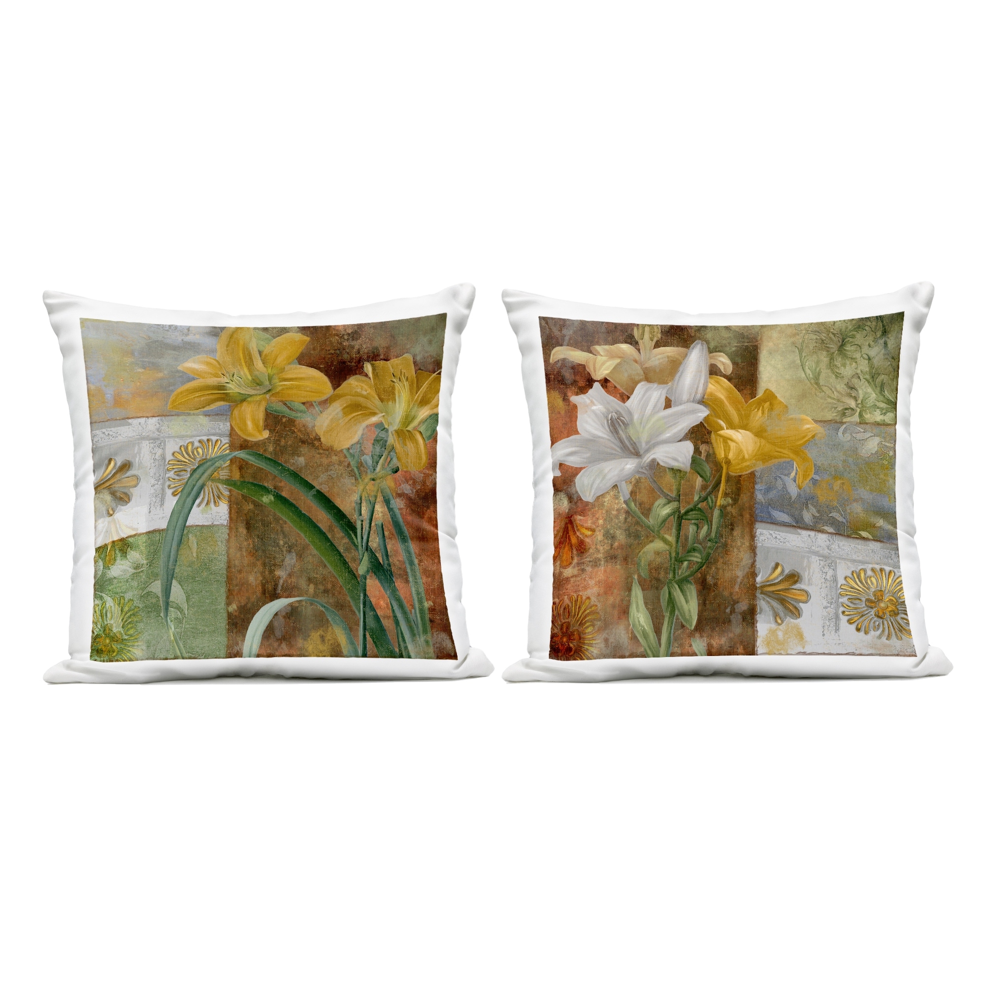 Stupell Lilies & Vintage Tile Patterns Printed Outdoor Throw Pillow Design by Sasha (Set of 2)