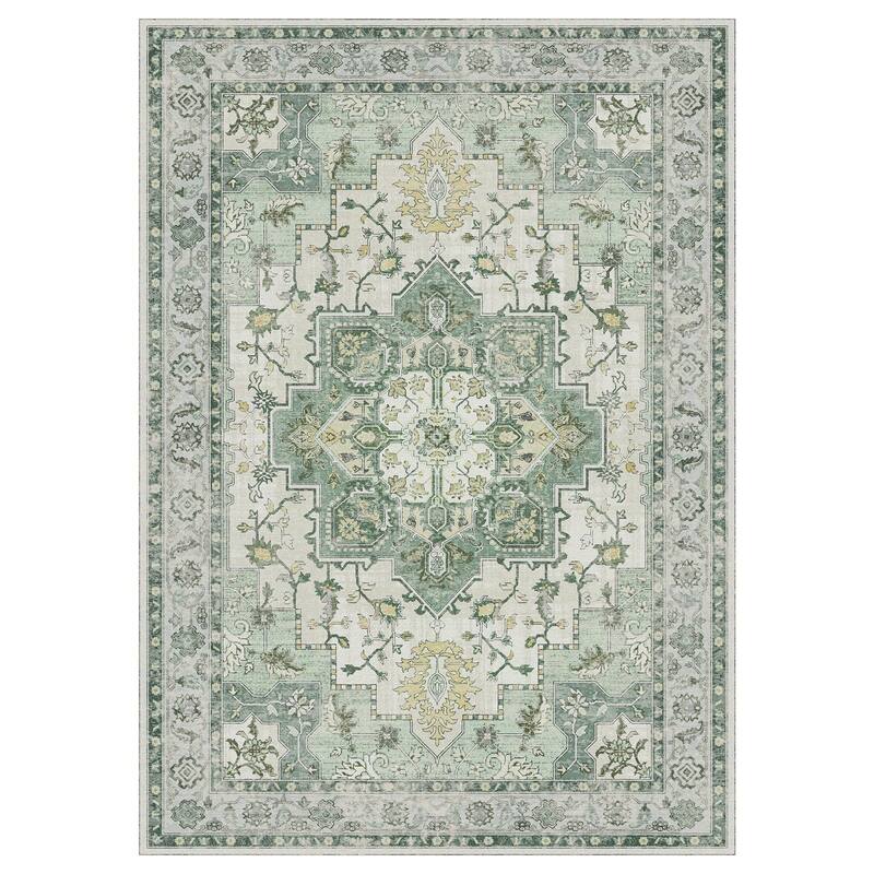 Mcow Green Floral Faded Low Pile Machine Washable Non-Slip Area Rug