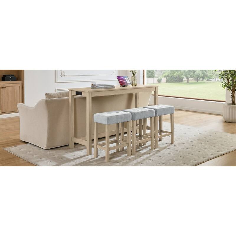 59 Inch 4 Piece Bar Table and Chair Set,Bar Table, Dining Table with Power Outlet, 3 Upholstered Stools