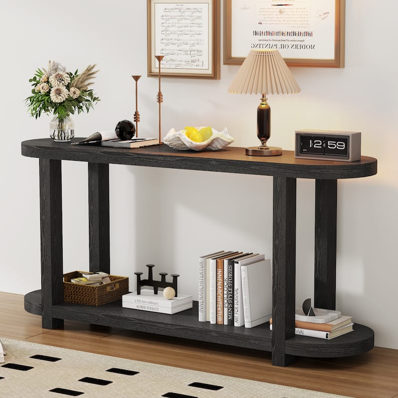2 Layer Entryway Table Oval Console Tables with Open Storage Shelf - Black