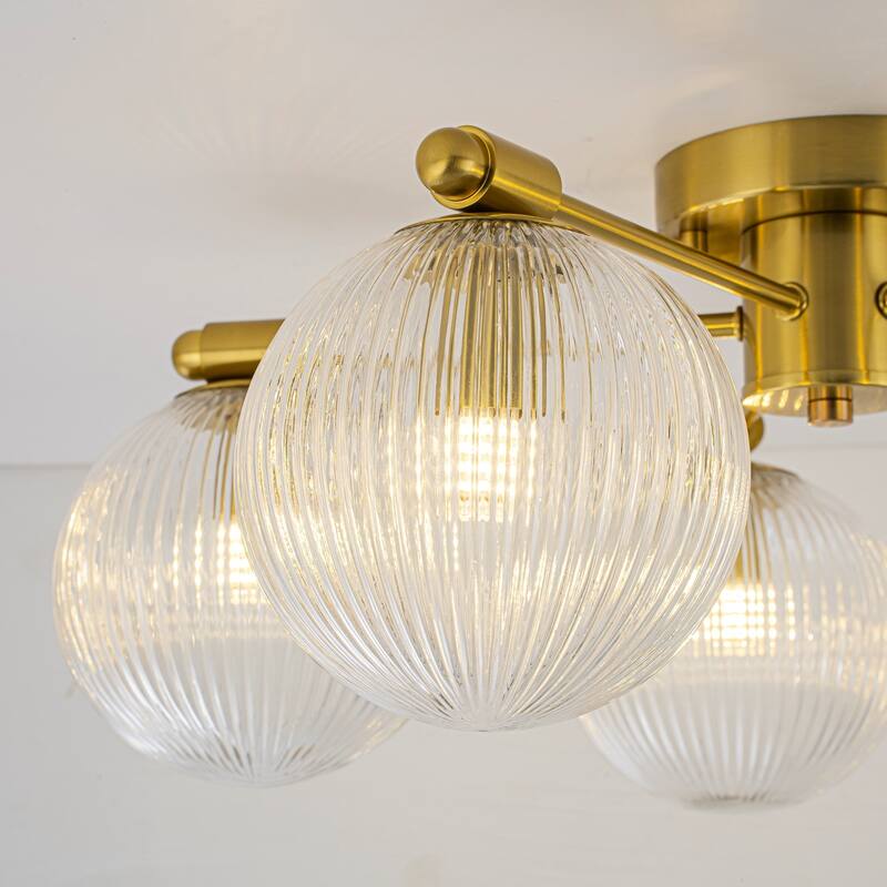 22 in. 5-Light Modern Brass Clear Ribbed Glass Globe Semi-Flush Mount Ceiling Light - 22.05 in. diameter x 8.66 in. height