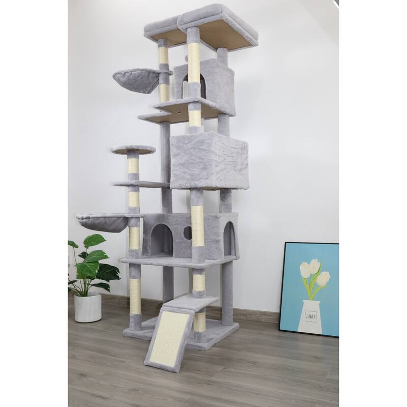 84 In Light Gray Cat Tree Tower With Large Condo Sisal Scratching Post Big Hammock And Top Platform