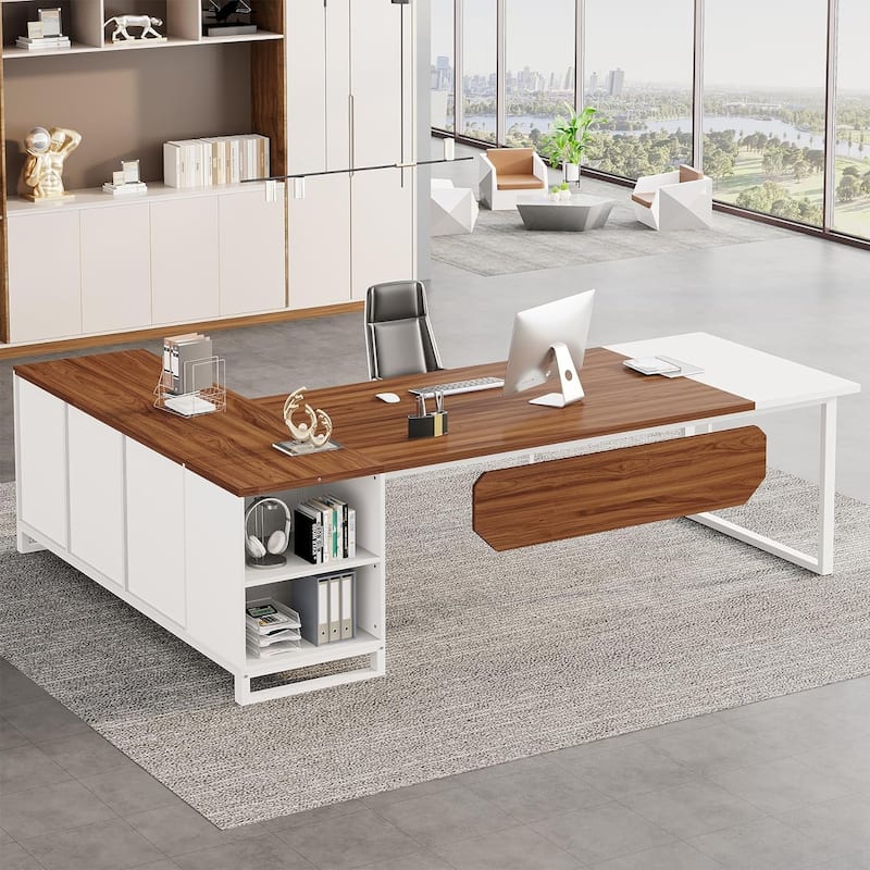 70.8" L-Shaped Executive Desk with 55" File Cabinet, Large Computer Desk with Storage Shelves/Cabinet for Home Office - Brown+White