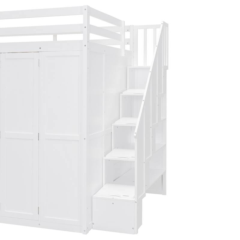 Full Size Loft Bed Desk Shelves and Hidden Wardrobe 3 in 1 Loft Bed, Heavy Duty Wood Loft Bed with Storage Stairs and Guardrail