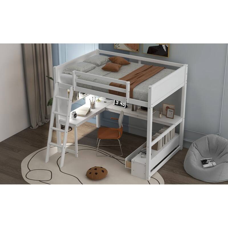 Loft Bed with L-shaped Multi-storage Desk, LED light and USB Charging Station, Storage Bench with 2 Drawers