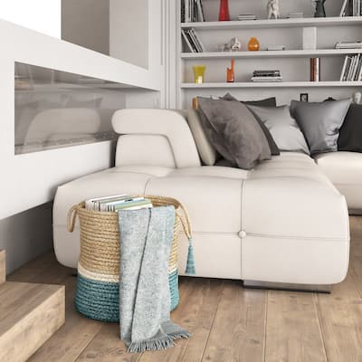 Sevita Teal and Natural Jute Color Block Storage Basket with Handles