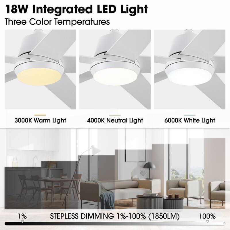 Vaczon 52-inch Modern Plywood 5-blade White Smart Ceiling Fan with Light and APP