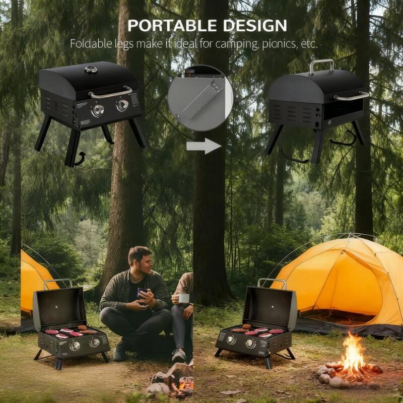 GDFStudio - Portable 2-Burner Outdoor BBQ Grill with Folding Legs