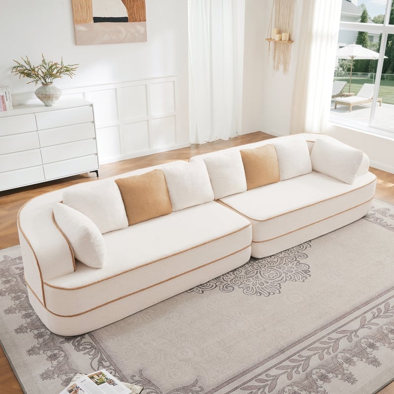 Rossetta 135" 4-Seat Modular Contrast Color Symmetrical Sectional Teddy Fabric Boneless Sofa - White