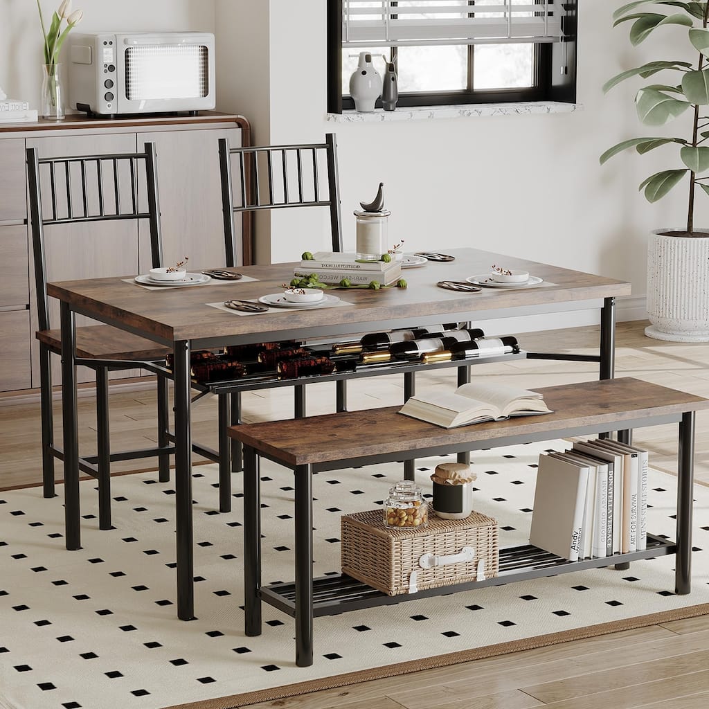 Dining Table Set for 4, Kitchen Table Set for 4 with Upholstered Bench and 2 Chairs